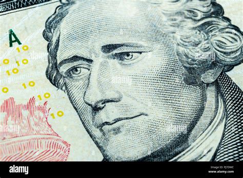 Close Up View Portrait Of Alexander Hamilton On The One Ten Dollar Bill