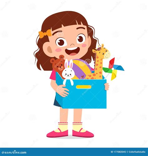 Happy Cute Little Kid Girl Carry Box Of Toys Stock Vector
