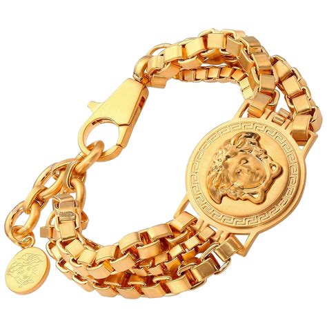 New Versace Mens Gold Plated Metal Triple Chain Medusa Bracelet At