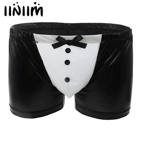 Iiniim Black Mens Patent Leather Boxer Briefs Underwear With Buttons