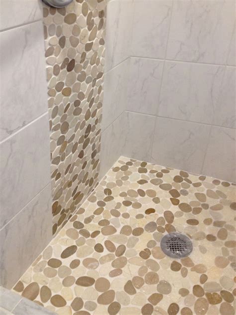 Sliced Java Tan And White Pebble Tile Shower Waterfall Tilehub