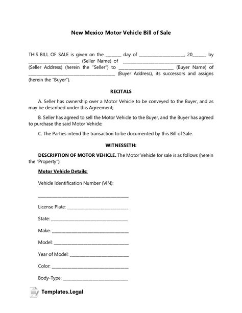 New Mexico Bill Of Sale Templates Free Word PDF ODT