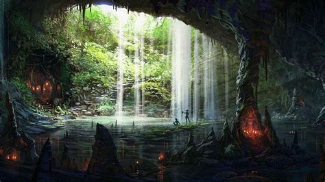 Wallpaper 1920x1080 Px Cave Fantasy Underground Waterfall