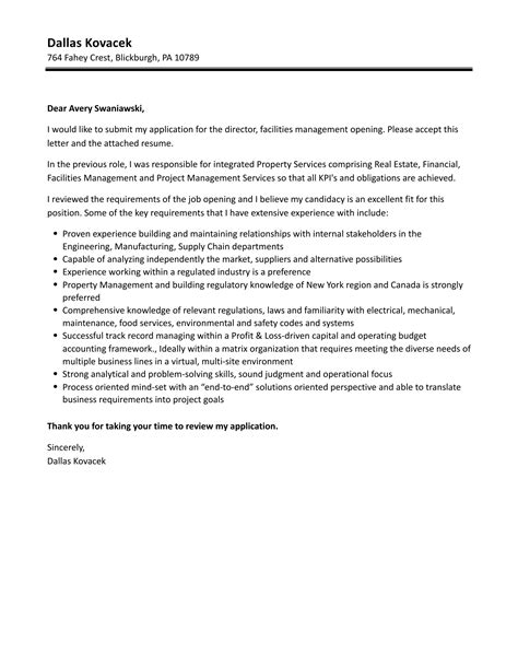 Director Facilities Management Cover Letter Velvet Jobs
