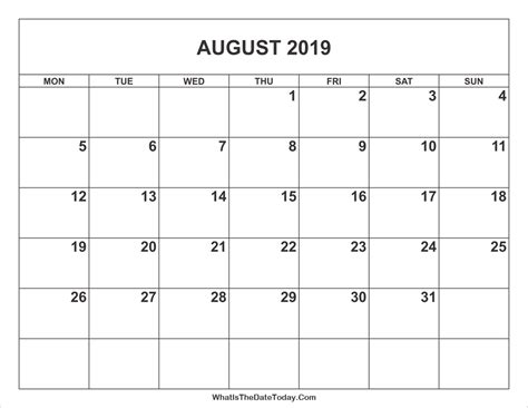 August 2019 Calendar Whatisthedatetodaycom