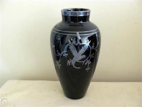 Art Deco Rockwell Silver Overlay Black Amethyst Glass Vase Parrot On Branch 1783689028