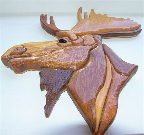 Hand Carved Wood Art Intarsia Moose Head