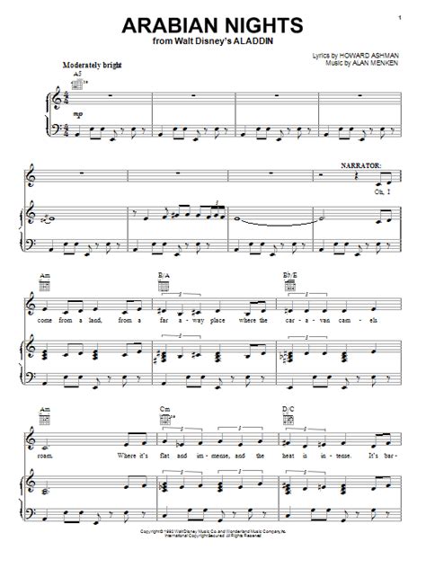 Arabian Nights From Aladdin Sheet Music By Alan Menken Piano Vocal And Guitar Right Hand