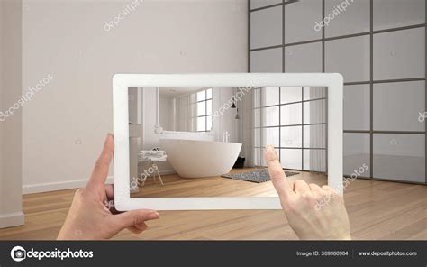 Augmented Reality Concept Hand Holding Tablet With Ar Application Used