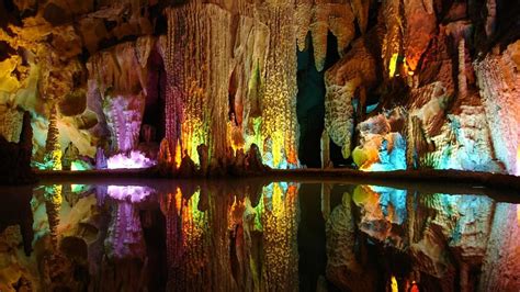 Colored Lights Reflected Inside A Beautiful Cave Lights Colors Cave
