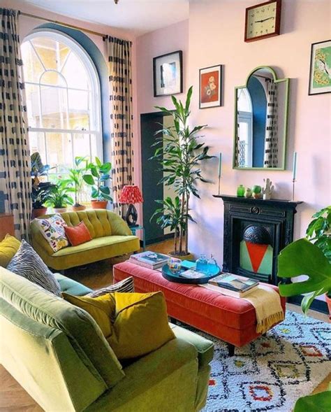 A Bright Maximalist Living Room With Pink Walls Mustard And Neon Green