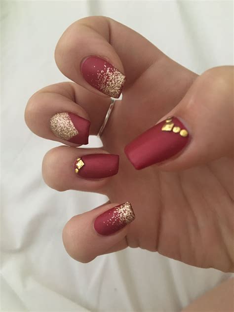 Red And Gold Coffin Acrylic Nails With Glitter And Studs Crystals