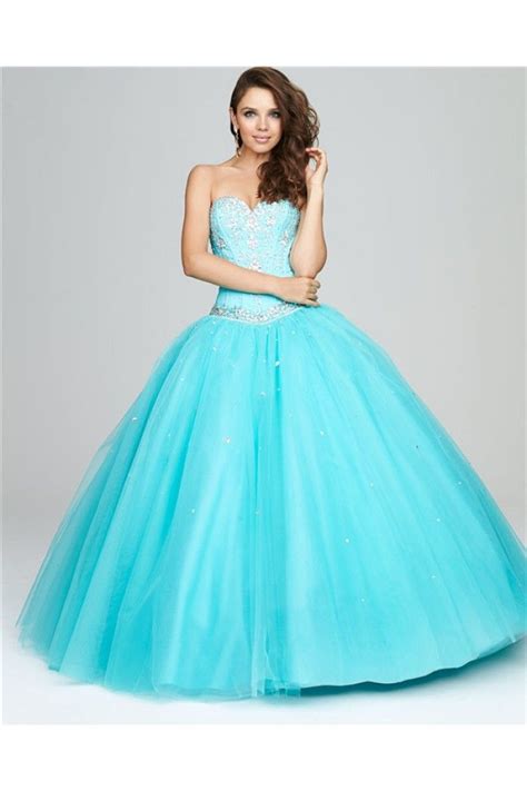 Princess Ball Gown Sweetheart Blue Tulle Beaded Corset Puffy Prom Dress