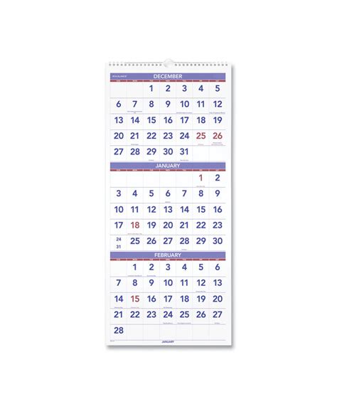 Deluxe Three Month Reference Wall Calendar Vertical Orientation 12 X