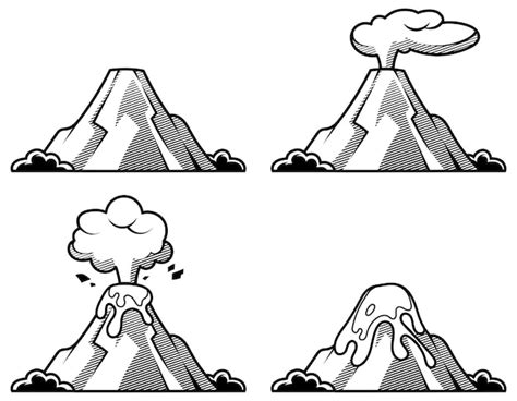 Conjunto De Volcanes De Diversos Grados De Erupción Ilustración En