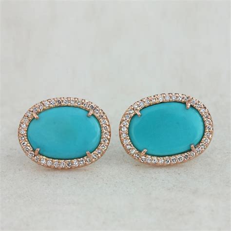 Genuine Turquoise Gemstone Oval Shape Stud Earrings Solid K Etsy