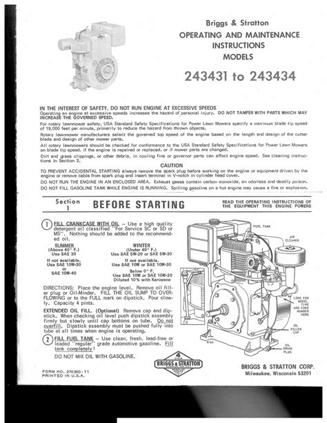 Briggs And Stratton 243431 Operating And Maintenance Instructions Manual