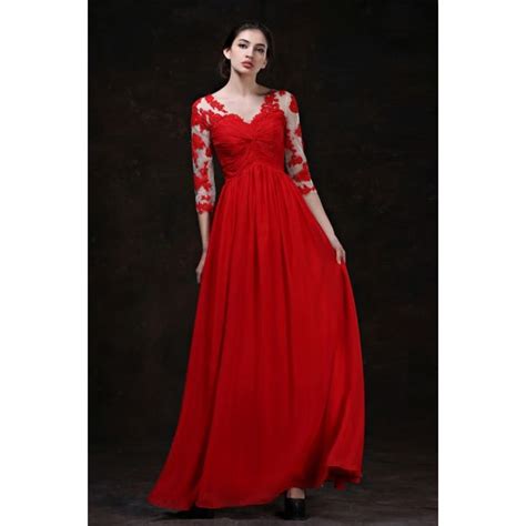 Flowing A Line V Neck Empire Waist Long Red Chiffon Evening Prom Dress With Lace Sleeves