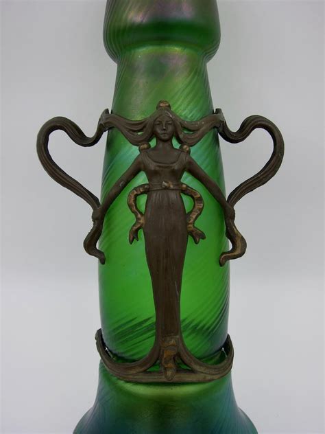 Large Bohemian Iridescent Green Art Glass Vase With Art Nouveau Metal Mounts At 1stdibs