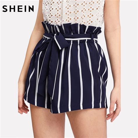 Shein Belted Ruffle Waist Striped Boho Shorts Women Navy High Waist