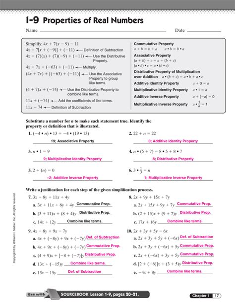 1 2 Practice Properties Of Real Numbers Worksheet Answers