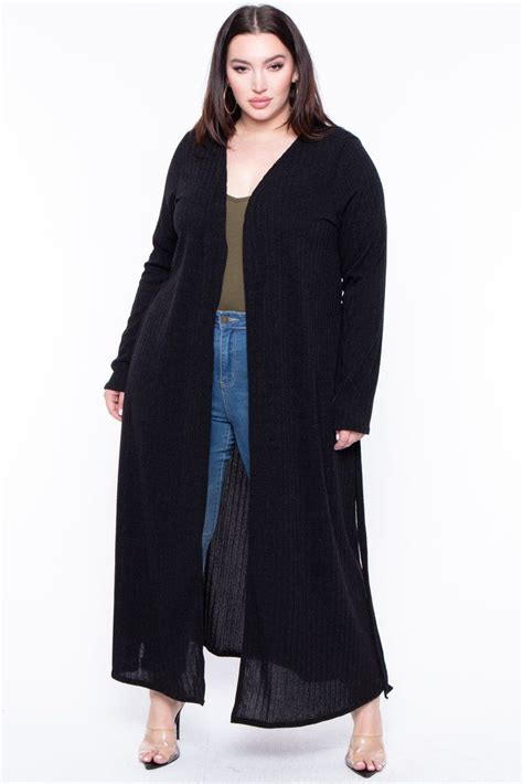 Plus Size Ribbed Longline Cardigan Black Trendy Plus Size Clothing