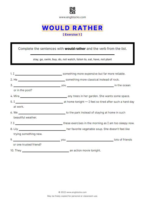 Would Rather Exercise 1 Worksheet English Grammar