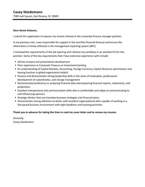 Corporate Finance Manager Cover Letter Velvet Jobs