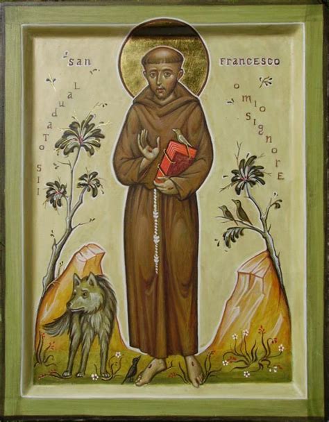 An Icon Of St Francis The Great With A Wolf In Front Of Him And Two
