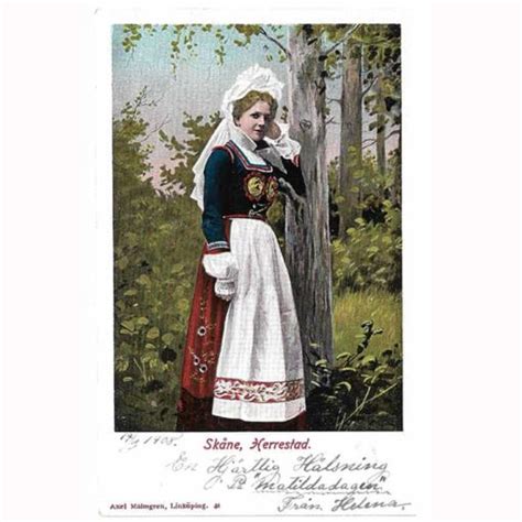 sweden postcard woman folk costume herrestad 1908 stamp swedenstore