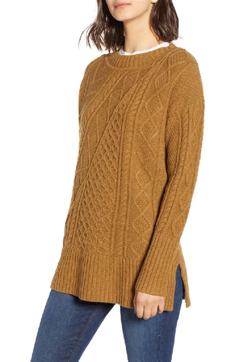 Jcrew Patchwork Cable Knit Oversize Tunic Sweater In Heather Teak Modesens