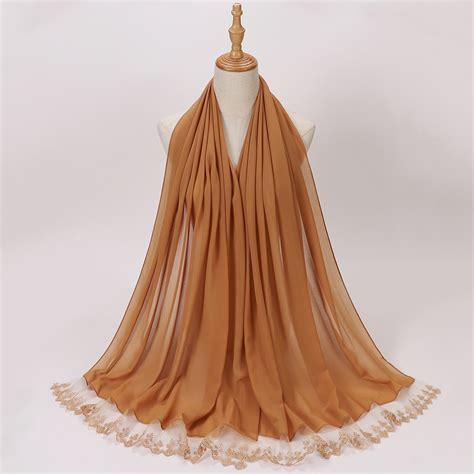Lace Hijabs Design With Wave Edge Hijabs Chiffon Scarf Solid Color Long Scarf Romantic Ramadan