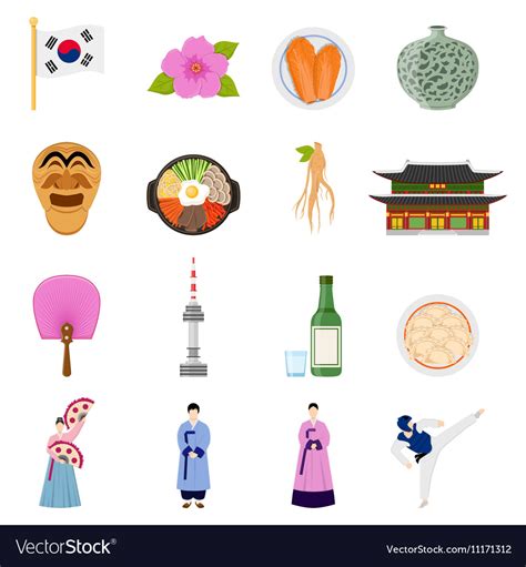 Korean Culture Symbols Flat Icons Collection Vector Image