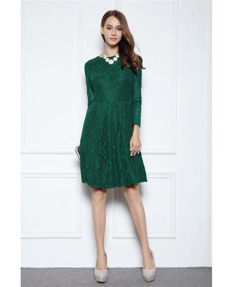 Dark Green A Line Scoop Neck Knee Length Lace Formal Dress With Long Sleeves Dk366 549