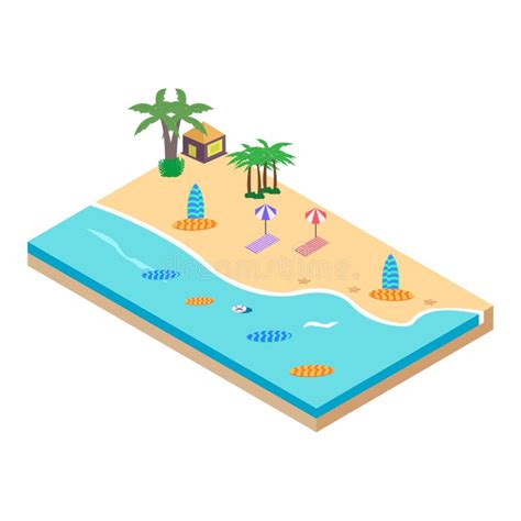 2 5d sandy beach concept vector illustration sandy beach vector with surfboard and resort