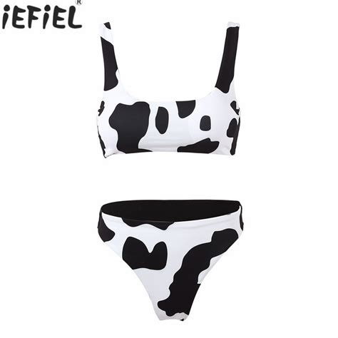 Womens Cow Print Bathing Suit Sleeveless Padded Bra Swimsuit Swimwear
