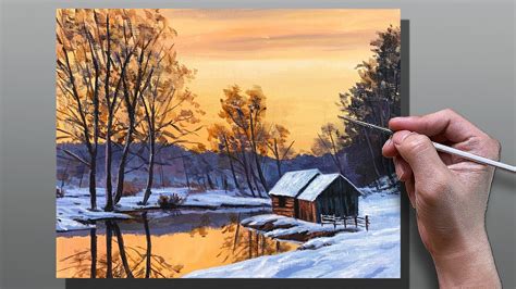 How To Paint Winter Sunset Cabin Acrylic Painting Correa Art YouTube