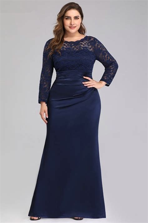 Bellasprom Navy Blue Lace Mermaid Plus Size Evening Prom Dress Long Sleeve