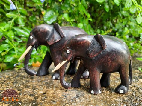 Hand Carved Wooden Elephant With Tusks Elephant Figurine Etsy