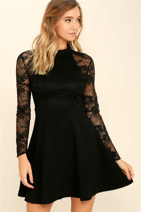 Lovely Black Lace Dress Long Sleeve Lace Dress Skater Dress 5800