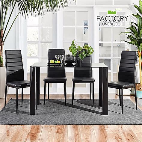 Geniqua 5 Piece Dining Table Set Modern Black Tempered Glass 4 Leather Chairs Kitchen