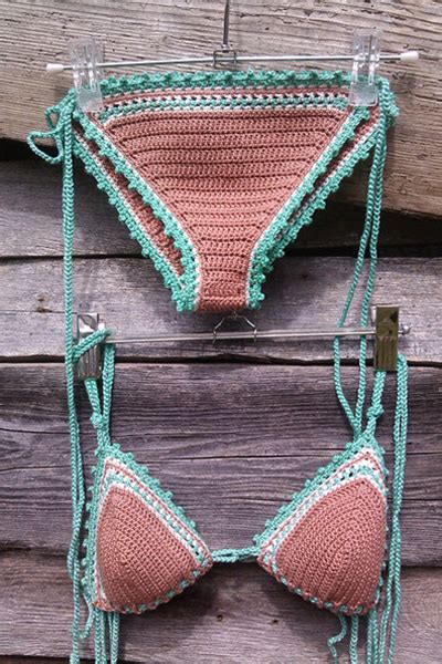 lace up color block handwork knitted bikini set