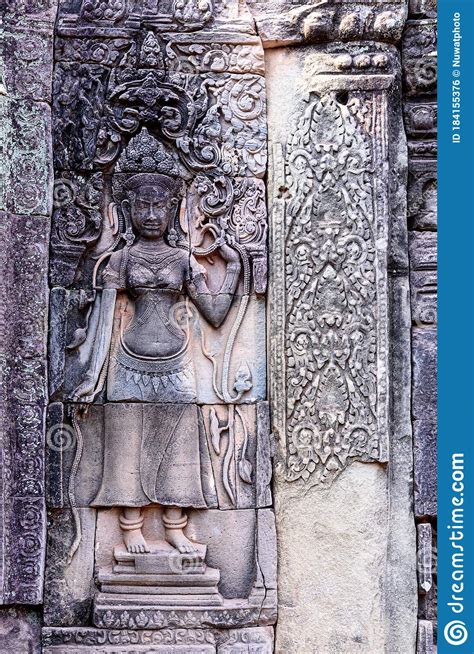 Stone Carvings On The Walls Of The Bayon Temple In Angkor Thom Stock