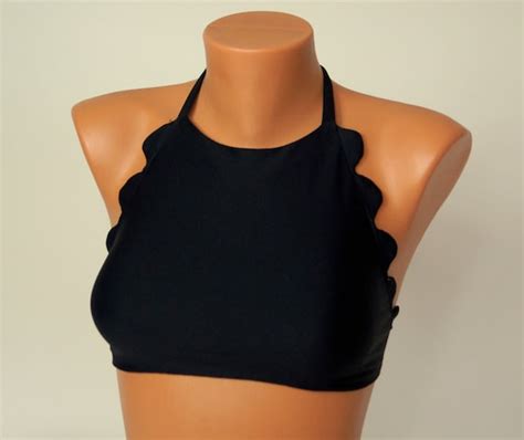padded scallopped solid black high neck halter bikini