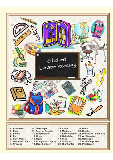 School And Classroom Vocabulary Picture Dictionary Esl Worksheet By