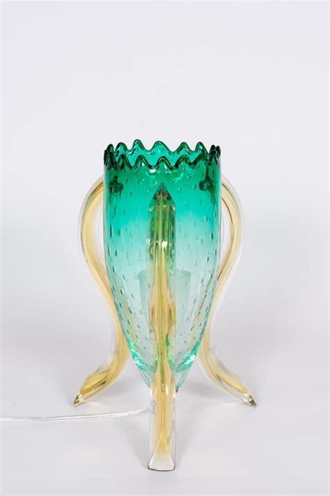 Italian Venetian Pair Table Lamps Blown Murano Glass Green Amber