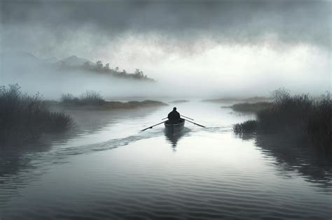 Premium Photo Rowing Into The Mystical Beauty A Person Navigates A Small Boat On A Foggy Lake
