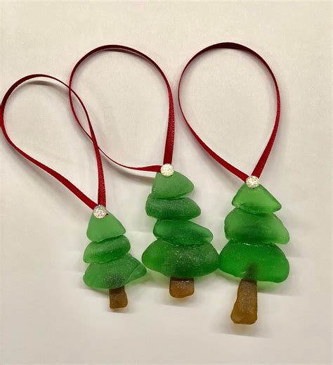 Set Of 3 Sea Glass Christmas Ornaments Handcrafted From Genuine Sea Glass In T Box Perfect