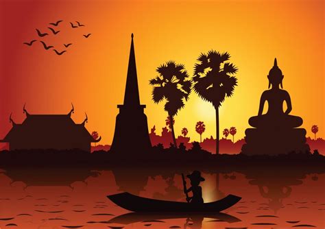Premium Vector Sunset Landscape And Buddha Thai Temple And Rowing Boat