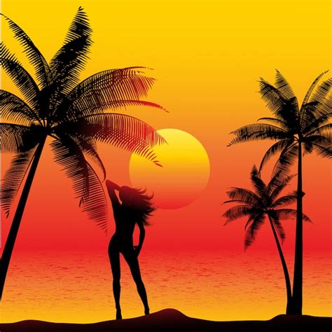 Silhouette Of A Female On A Sunset Beach With Palm Trees Free Vector